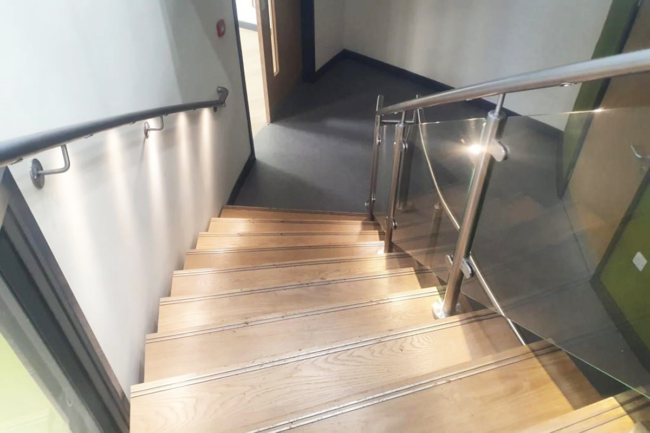 Indoor Stairs With Wooden Floor and Glass Steel Balustrade